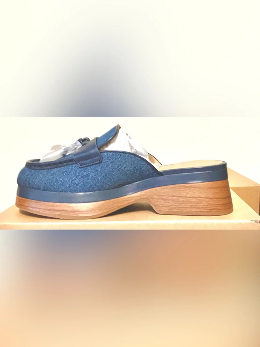 Michael Kors Denim Blue Platform Clog Mules with Wood-Effect Sole: Size 7.5